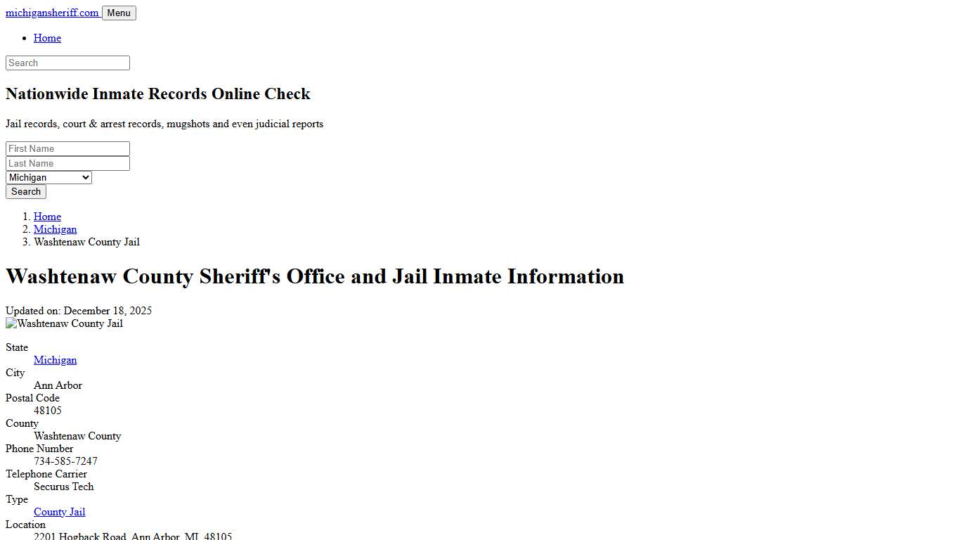 Washtenaw County Sheriff, Michigan, Jail Inmate Search